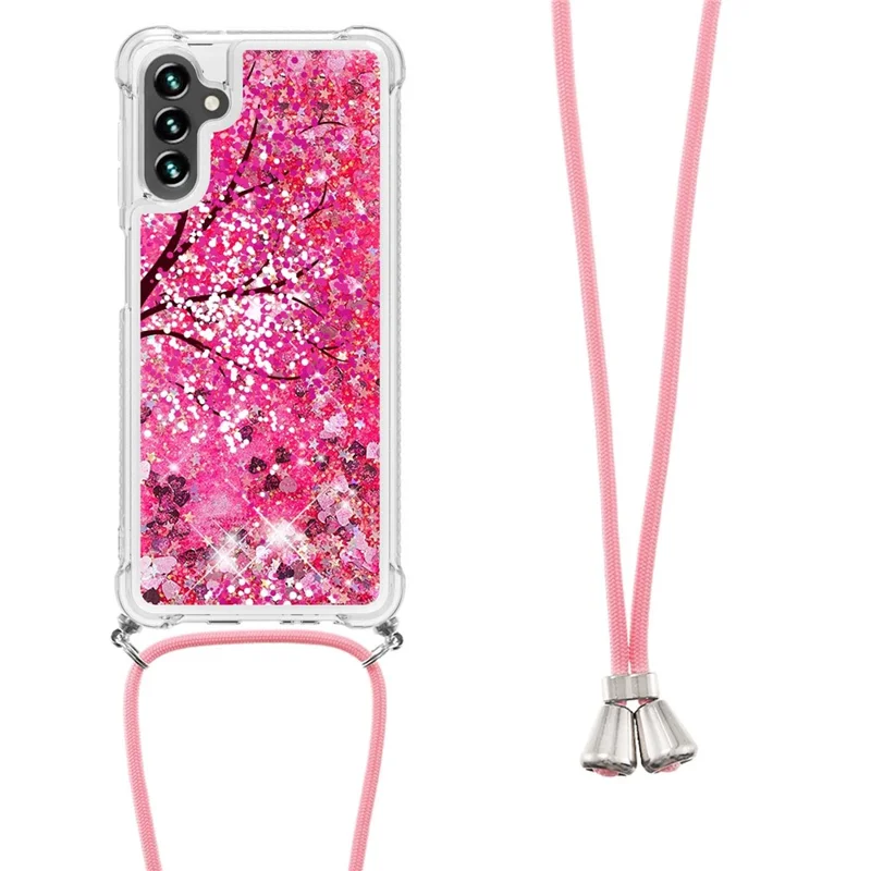 For Samsung Galaxy A13 5G / A04s 4G (164.7mm) Glitter Liquid Quicksand Case Pattern Printing Soft TPU Phone Cover with Lanyard - Cherry Blossom