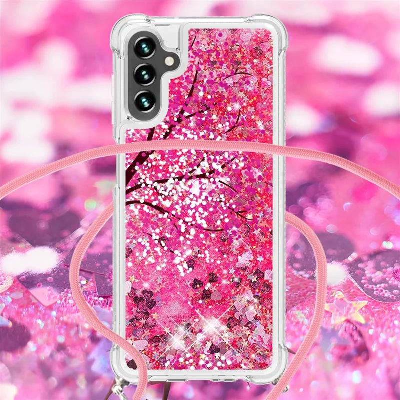 For Samsung Galaxy A13 5G / A04s 4G (164.7mm) Glitter Liquid Quicksand Case Pattern Printing Soft TPU Phone Cover with Lanyard - Cherry Blossom