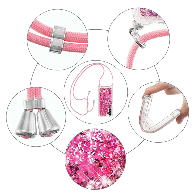 For Samsung Galaxy A13 5G / A04s 4G (164.7mm) Glitter Liquid Quicksand Case Pattern Printing Soft TPU Phone Cover with Lanyard - Cherry Blossom