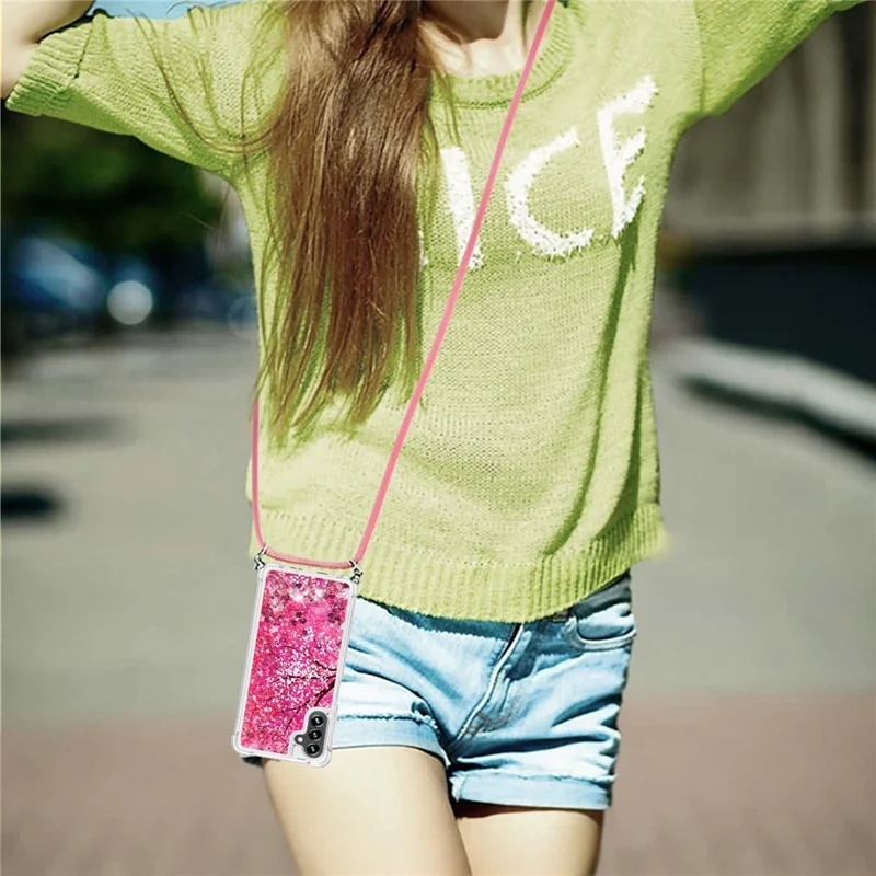 For Samsung Galaxy A13 5G / A04s 4G (164.7mm) Glitter Liquid Quicksand Case Pattern Printing Soft TPU Phone Cover with Lanyard - Cherry Blossom