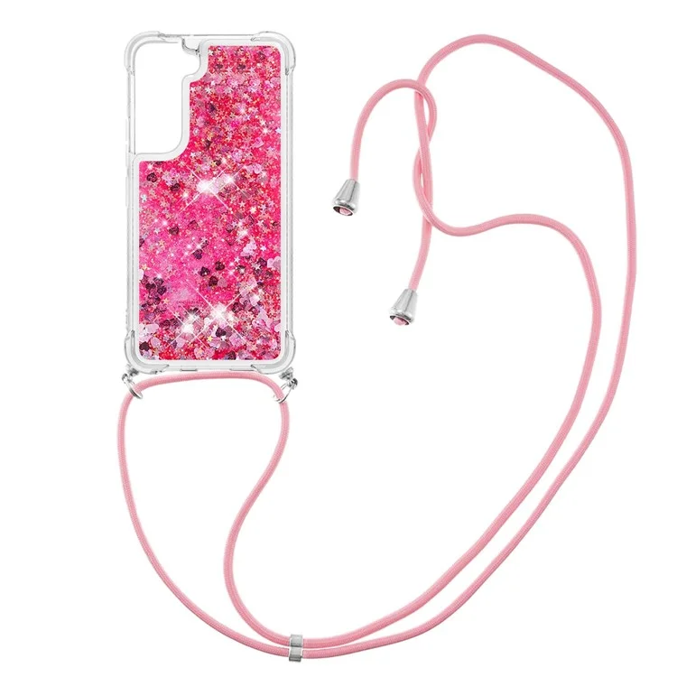 Glitter Quicksand Clear Soft TPU Phone Case with Adjustable Lanyard for Samsung Galaxy S22 5G - Pink Hearts