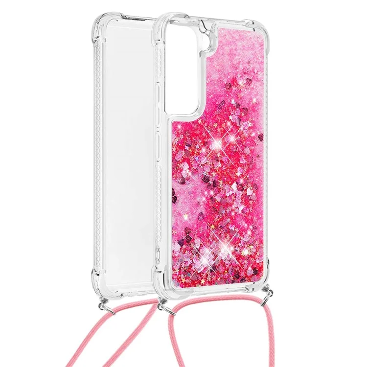 Glitter Quicksand Clear Soft TPU Phone Case with Adjustable Lanyard for Samsung Galaxy S22 5G - Pink Hearts