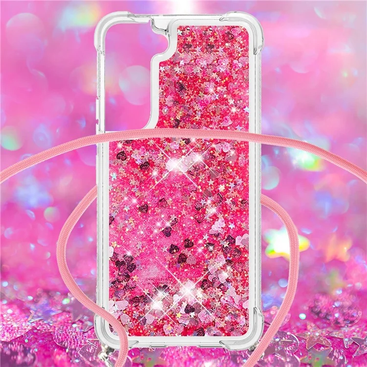 Glitter Quicksand Clear Soft TPU Phone Case with Adjustable Lanyard for Samsung Galaxy S22 5G - Pink Hearts