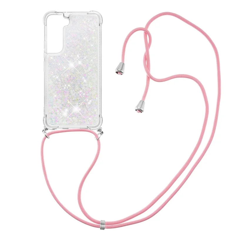Glitter Quicksand Clear Soft TPU Phone Case with Adjustable Lanyard for Samsung Galaxy S22 5G - Shiny Hearts