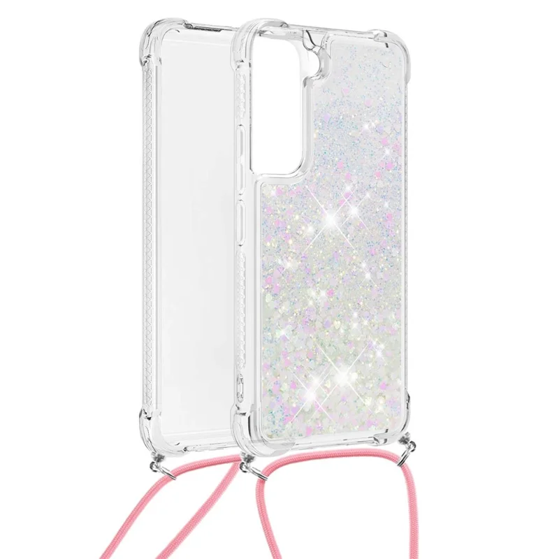 Glitter Quicksand Clear Soft TPU Phone Case with Adjustable Lanyard for Samsung Galaxy S22 5G - Shiny Hearts