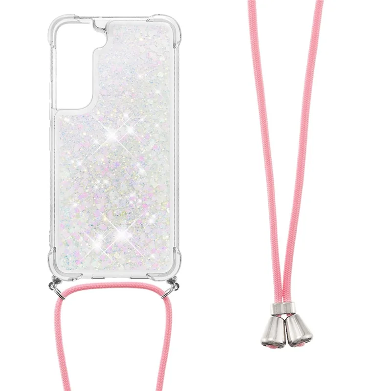 Glitter Quicksand Clear Soft TPU Phone Case with Adjustable Lanyard for Samsung Galaxy S22 5G - Shiny Hearts