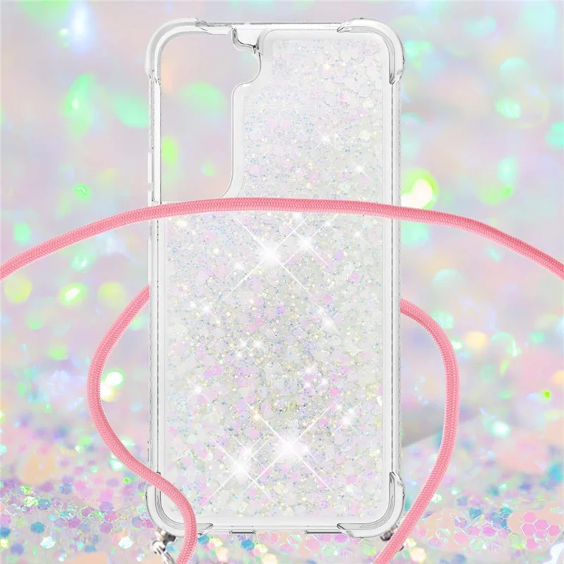 Glitter Quicksand Clear Soft TPU Phone Case with Adjustable Lanyard for Samsung Galaxy S22 5G - Shiny Hearts