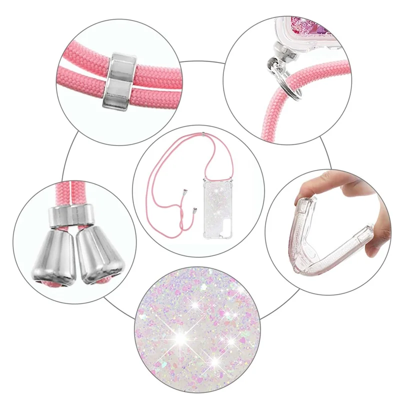 Glitter Quicksand Clear Soft TPU Phone Case with Adjustable Lanyard for Samsung Galaxy S22 5G - Shiny Hearts