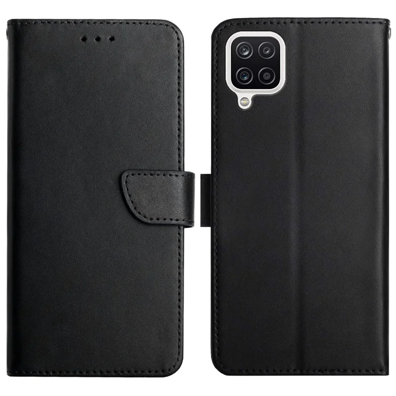 Nappa Texture Anti-fingerprint Shockproof Genuine Leather Wallet Stand Protective Phone Case for Samsung Galaxy A12/M12 - Black