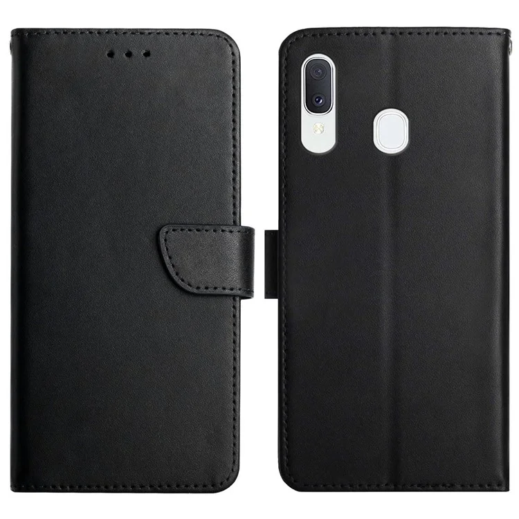 Magnetic Clasp Closure Nappa Texture Genuine Leather Phone Wallet Case Cover with Foldable Stand for Samsung Galaxy A20e - Black