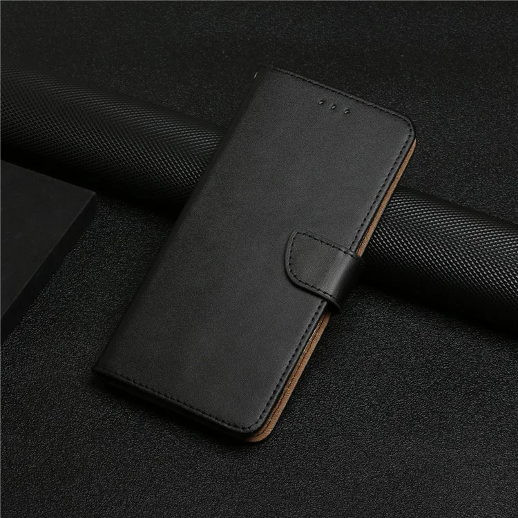 Magnetic Clasp Closure Nappa Texture Genuine Leather Phone Wallet Case Cover with Foldable Stand for Samsung Galaxy A20e - Black