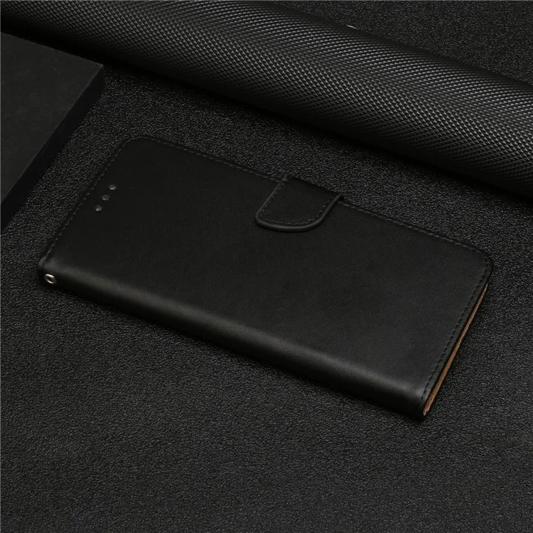 Magnetic Clasp Closure Nappa Texture Genuine Leather Phone Wallet Case Cover with Foldable Stand for Samsung Galaxy A20e - Black