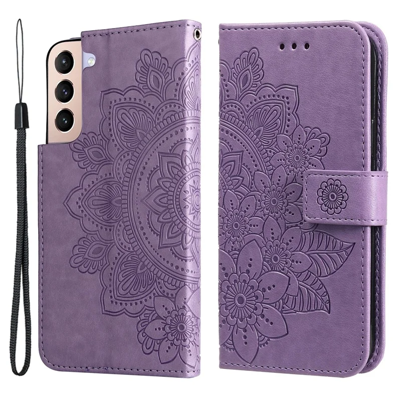 Dual-sided Clasp Well-protected Imprint Flower Pattern PU Leather Stand Wallet Cover Case with Lanyard for Samsung Galaxy S22+ 5G - Purple