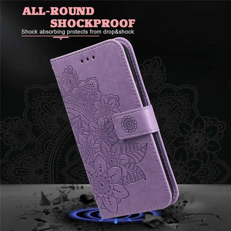 Dual-sided Clasp Well-protected Imprint Flower Pattern PU Leather Stand Wallet Cover Case with Lanyard for Samsung Galaxy S22+ 5G - Purple
