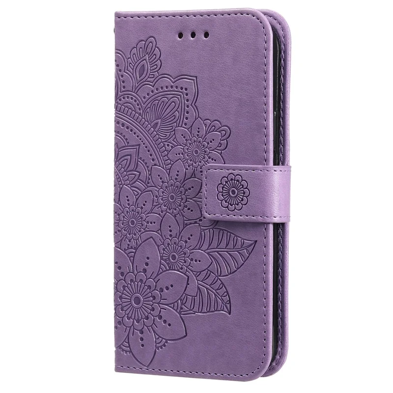 Dual-sided Clasp Well-protected Imprint Flower Pattern PU Leather Stand Wallet Cover Case with Lanyard for Samsung Galaxy S22+ 5G - Purple
