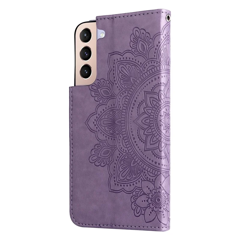 Dual-sided Clasp Well-protected Imprint Flower Pattern PU Leather Stand Wallet Cover Case with Lanyard for Samsung Galaxy S22+ 5G - Purple