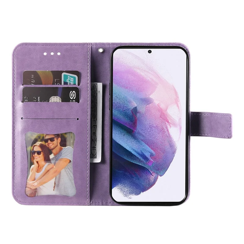 Dual-sided Clasp Well-protected Imprint Flower Pattern PU Leather Stand Wallet Cover Case with Lanyard for Samsung Galaxy S22+ 5G - Purple