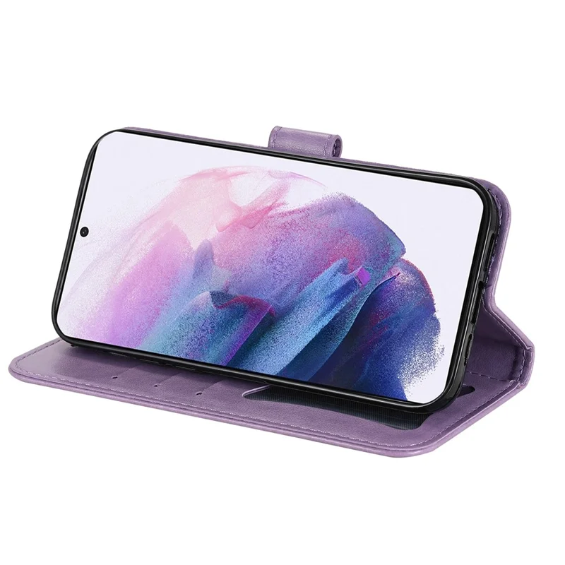 Dual-sided Clasp Well-protected Imprint Flower Pattern PU Leather Stand Wallet Cover Case with Lanyard for Samsung Galaxy S22+ 5G - Purple