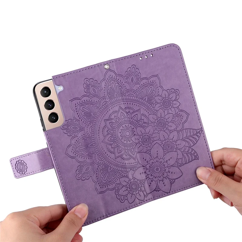 Dual-sided Clasp Well-protected Imprint Flower Pattern PU Leather Stand Wallet Cover Case with Lanyard for Samsung Galaxy S22+ 5G - Purple