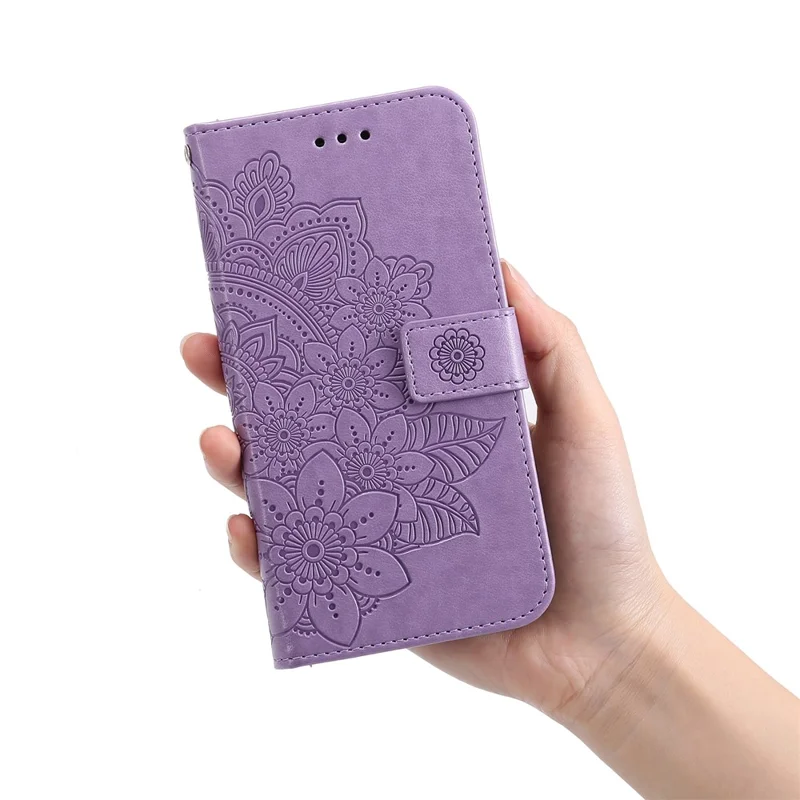 Dual-sided Clasp Well-protected Imprint Flower Pattern PU Leather Stand Wallet Cover Case with Lanyard for Samsung Galaxy S22+ 5G - Purple