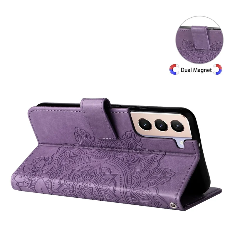 Dual-sided Clasp Well-protected Imprint Flower Pattern PU Leather Stand Wallet Cover Case with Lanyard for Samsung Galaxy S22+ 5G - Purple