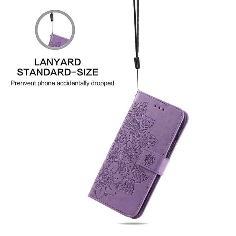Dual-sided Clasp Well-protected Imprint Flower Pattern PU Leather Stand Wallet Cover Case with Lanyard for Samsung Galaxy S22+ 5G - Purple