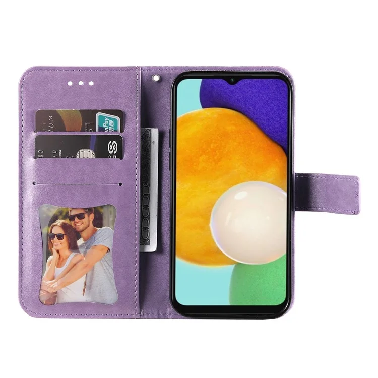 Imprinted Flower Pattern TPU+PU Leather Stand Wallet Cover Case with Lanyard for Samsung Galaxy A13 5G / A04s 4G (164.7 x 76.7 x 9.1 mm) - Purple