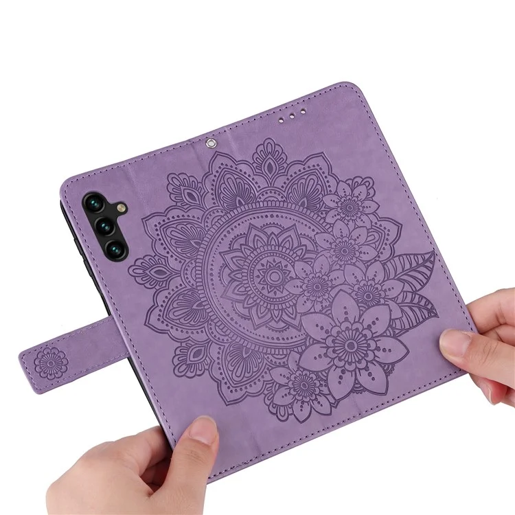 Imprinted Flower Pattern TPU+PU Leather Stand Wallet Cover Case with Lanyard for Samsung Galaxy A13 5G / A04s 4G (164.7 x 76.7 x 9.1 mm) - Purple