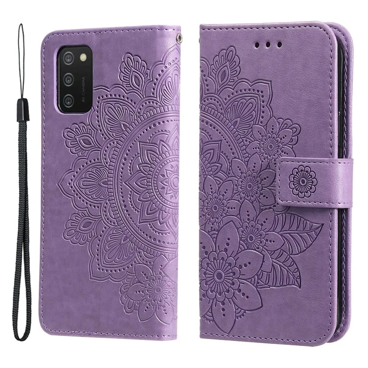 Flip Case Imprinted Flower Pattern TPU+PU Leather Stand Wallet Cover with Lanyard for Samsung Galaxy A03s (164.2 x 75.9 x 9.1mm) - Purple