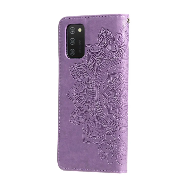 Flip Case Imprinted Flower Pattern TPU+PU Leather Stand Wallet Cover with Lanyard for Samsung Galaxy A03s (164.2 x 75.9 x 9.1mm) - Purple