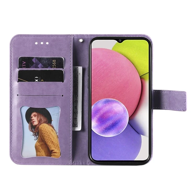 Flip Case Imprinted Flower Pattern TPU+PU Leather Stand Wallet Cover with Lanyard for Samsung Galaxy A03s (164.2 x 75.9 x 9.1mm) - Purple