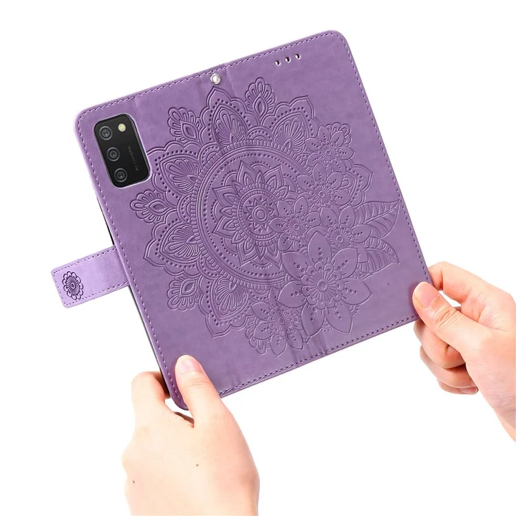 Flip Case Imprinted Flower Pattern TPU+PU Leather Stand Wallet Cover with Lanyard for Samsung Galaxy A03s (164.2 x 75.9 x 9.1mm) - Purple