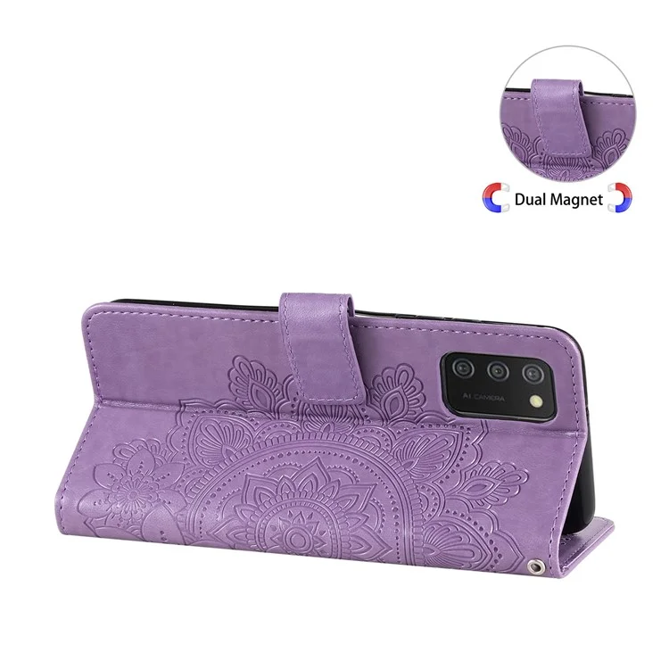 Flip Case Imprinted Flower Pattern TPU+PU Leather Stand Wallet Cover with Lanyard for Samsung Galaxy A03s (164.2 x 75.9 x 9.1mm) - Purple