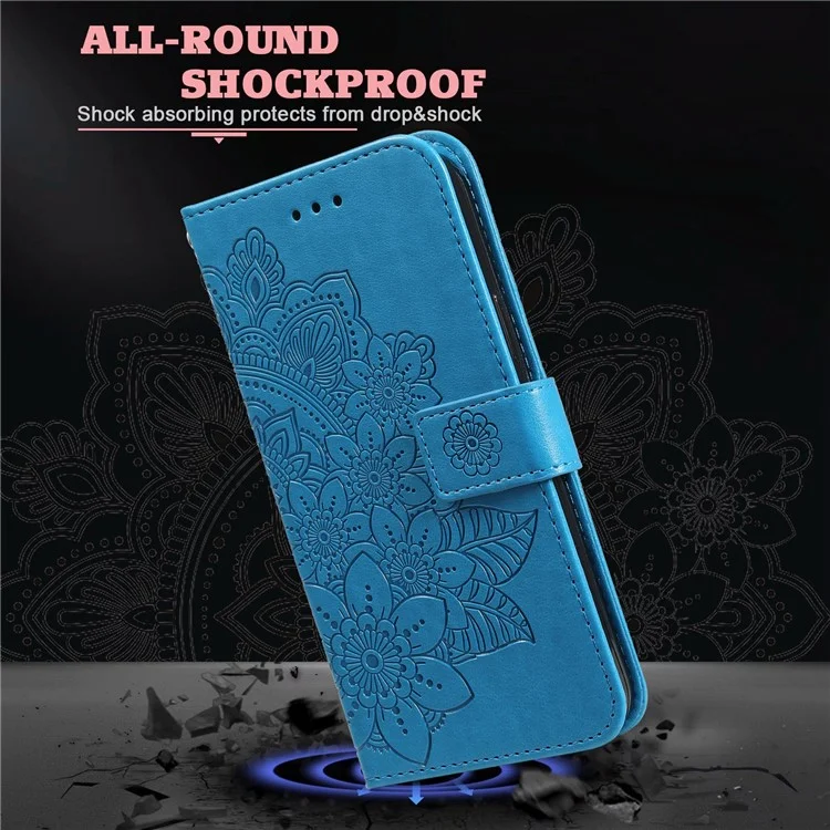 Phone Cover Flip Mobile Phone Case Imprinted Flower Pattern TPU+PU Leather Stand Wallet with Lanyard for Samsung Galaxy M52 5G - Blue