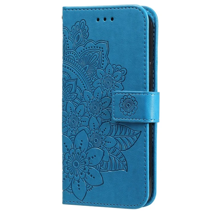 Phone Cover Flip Mobile Phone Case Imprinted Flower Pattern TPU+PU Leather Stand Wallet with Lanyard for Samsung Galaxy M52 5G - Blue