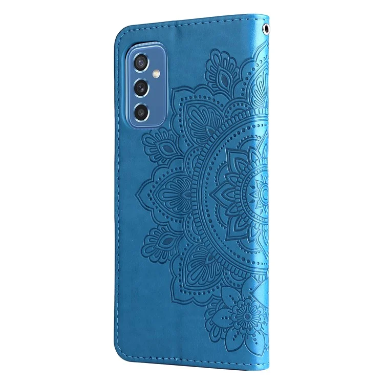 Phone Cover Flip Mobile Phone Case Imprinted Flower Pattern TPU+PU Leather Stand Wallet with Lanyard for Samsung Galaxy M52 5G - Blue