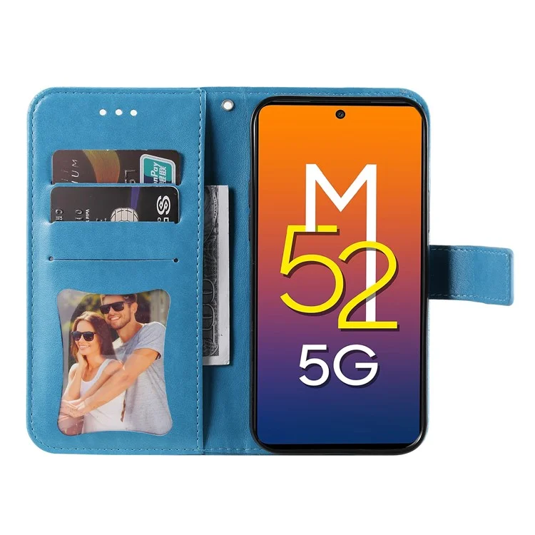 Funda Telefónica Flip Teléfono Móvil Estuche Impreso Patrón De Flores TPU + PU Cuero De Cuero Monedero Con Cordón Para Samsung Galaxy M52 5G - Azul