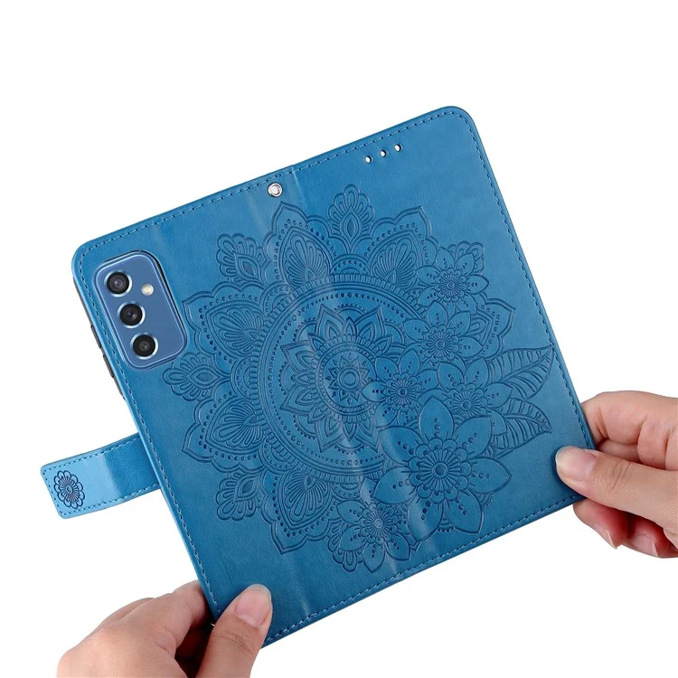 Phone Cover Flip Mobile Phone Case Imprinted Flower Pattern TPU+PU Leather Stand Wallet with Lanyard for Samsung Galaxy M52 5G - Blue