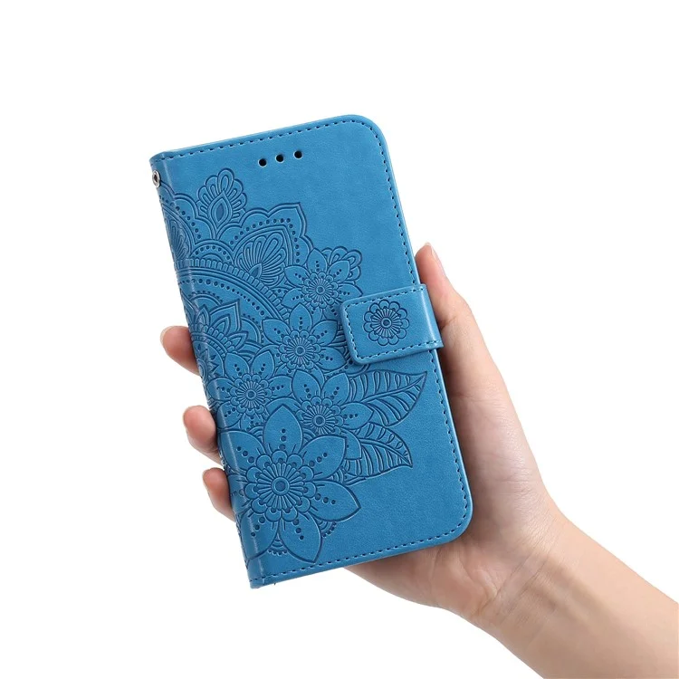 Phone Cover Flip Mobile Phone Case Imprinted Flower Pattern TPU+PU Leather Stand Wallet with Lanyard for Samsung Galaxy M52 5G - Blue