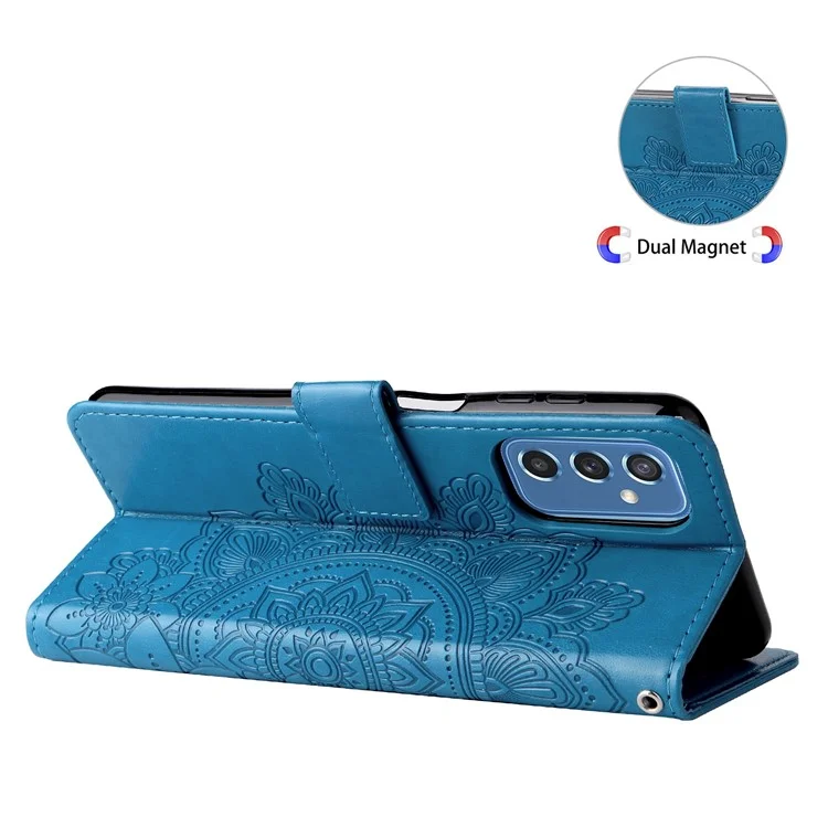 Funda Telefónica Flip Teléfono Móvil Estuche Impreso Patrón De Flores TPU + PU Cuero De Cuero Monedero Con Cordón Para Samsung Galaxy M52 5G - Azul