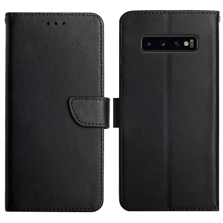 Nappa Texture Magnetic Closure Flip Cover Genuine Leather Multifunction Wallet Stand Protective Phone Case for Samsung Galaxy S10 Plus - Black