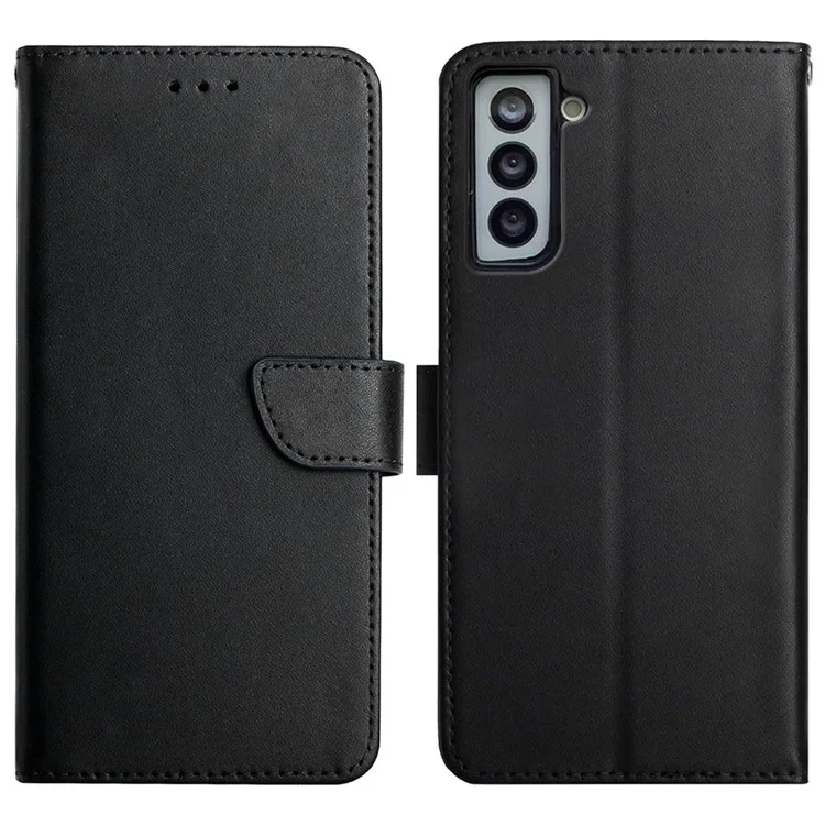 Nappa Textur Flip Cover Echte Leder -brieftasche Ständer Gute Schutzhülle Für Samsung Galaxy S21+ 5g - Schwarz