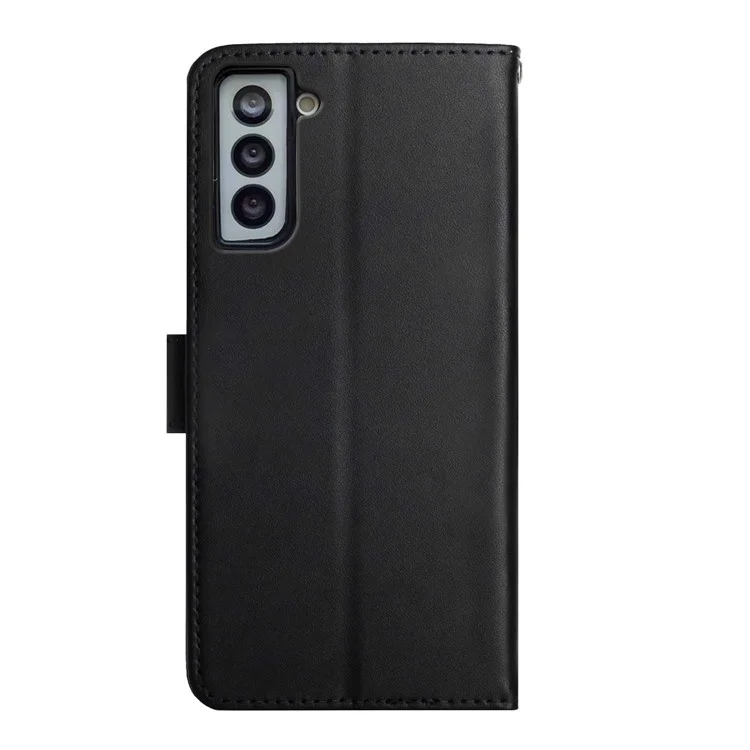 Nappa Textur Flip Cover Echte Leder -brieftasche Ständer Gute Schutzhülle Für Samsung Galaxy S21+ 5g - Schwarz