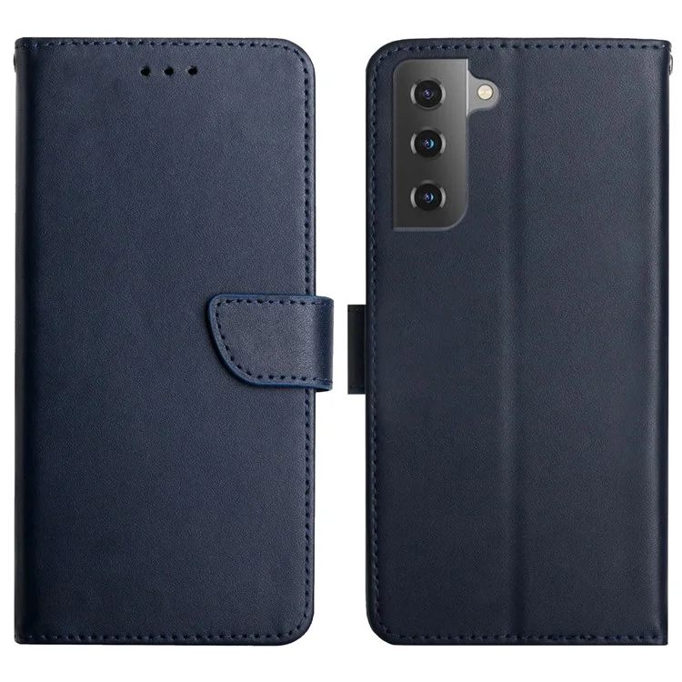 Étui de texture Nappa Wallet Anti-drop Genuine Leather Protective Phone Cover Case avec support pour Samsung Galaxy S22 5G - Bleu
