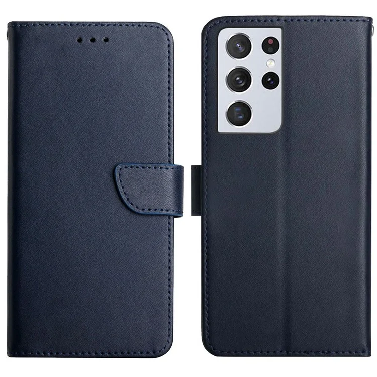 Solid Color Nappa Texture Protective Case Magnetic Closure Wallet Folio Flip Genuine Leather Phone Cover with Stand for Samsung Galaxy S21 Ultra 5G - Blue