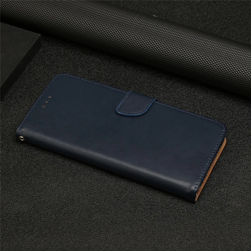 Nappa Texture Genuine Leather Shell Case Solid Color Stand Wallet Phone Cover for Samsung Galaxy S22 Ultra 5G - Blue