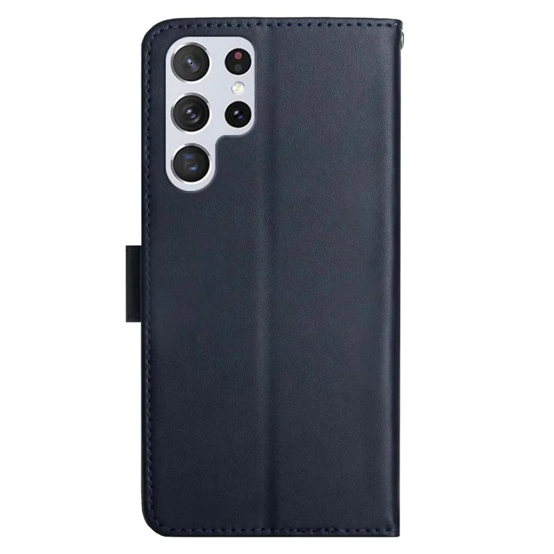 Nappa Texture Genuine Leather Shell Case Solid Color Stand Wallet Phone Cover for Samsung Galaxy S22 Ultra 5G - Blue