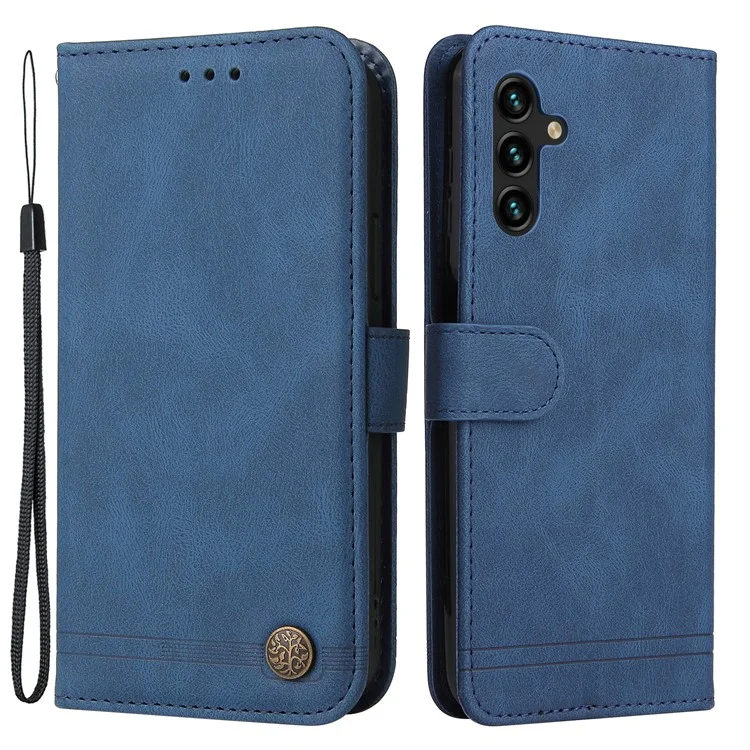 Elegante Estuche A Prueba De Golpes Flip Estanque Del árbol Del árbol Del árbol De Metal De La Decoración Del Soporte De La Cartera De La Cartera De La PU De Cuero + Tapa De TPU Para Samsung Galaxy A13 5G - Azul