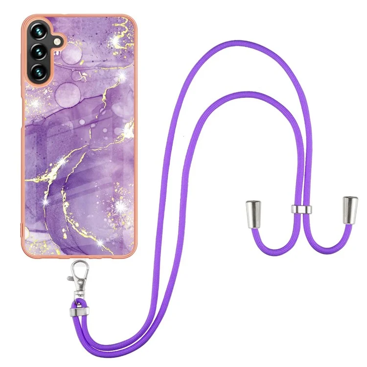 Pour Samsung Galaxy A13 5G Conception de Bandoulière Imperméable IML IMD Modèle de Marbre Cadre D'électroplaste - Violet 002