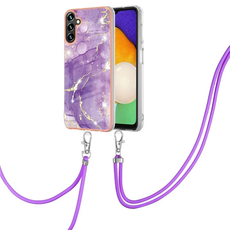 For Samsung Galaxy A13 5G / A04s 4G (164.7mm) Case with Shoulder Strap IMD IML Flower Pattern TPU Back Cover - Purple 002